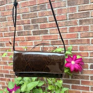 Brown Snake-Print Patent Leather Shoulder Bag